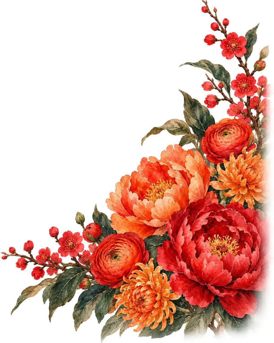 Buket cat air peony merah dan jingga, krisan jingga, ranunculus, bunga plum, dan daun hijau
